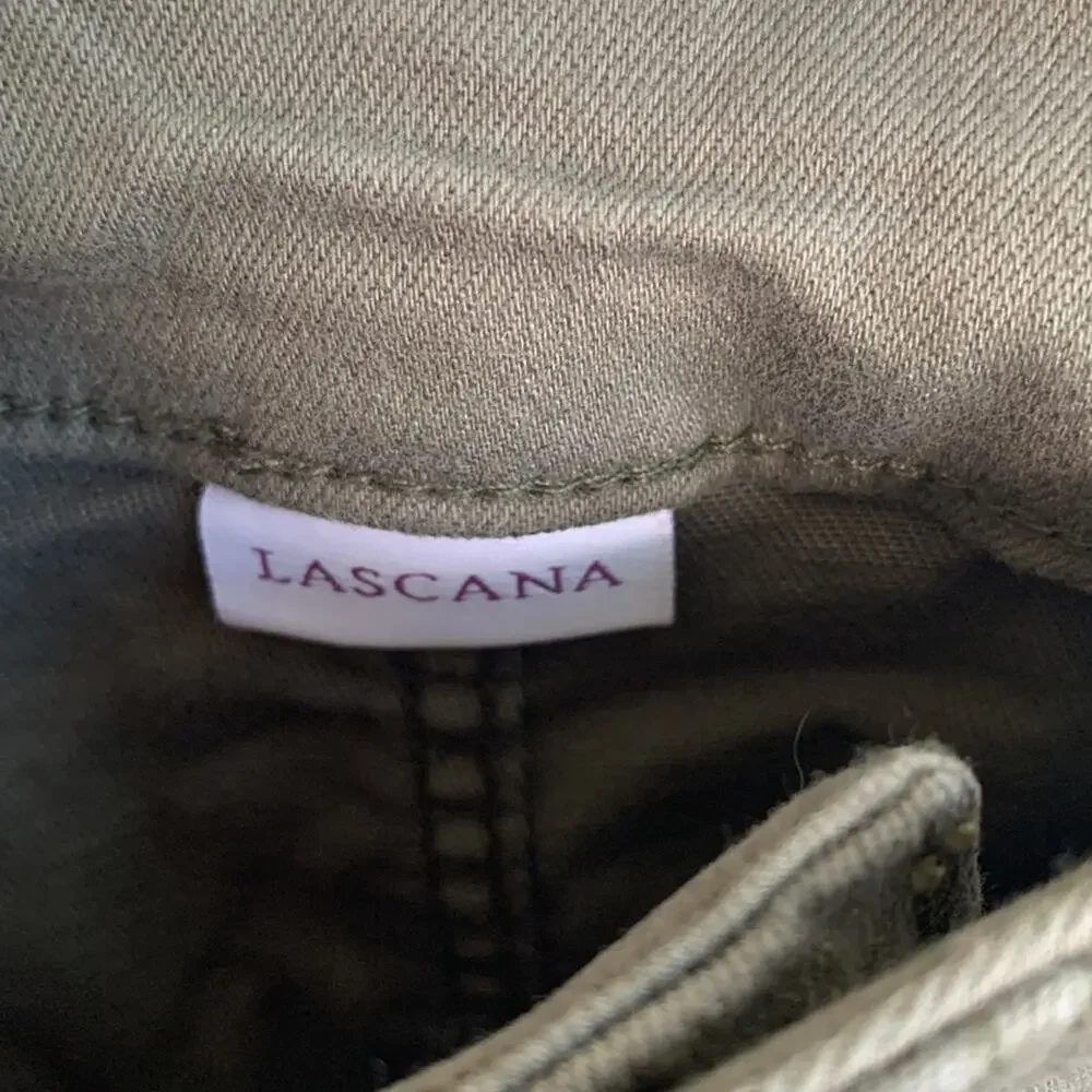 Lascana High Waist Green Stretch Khaki Gold Button Pants sz 8